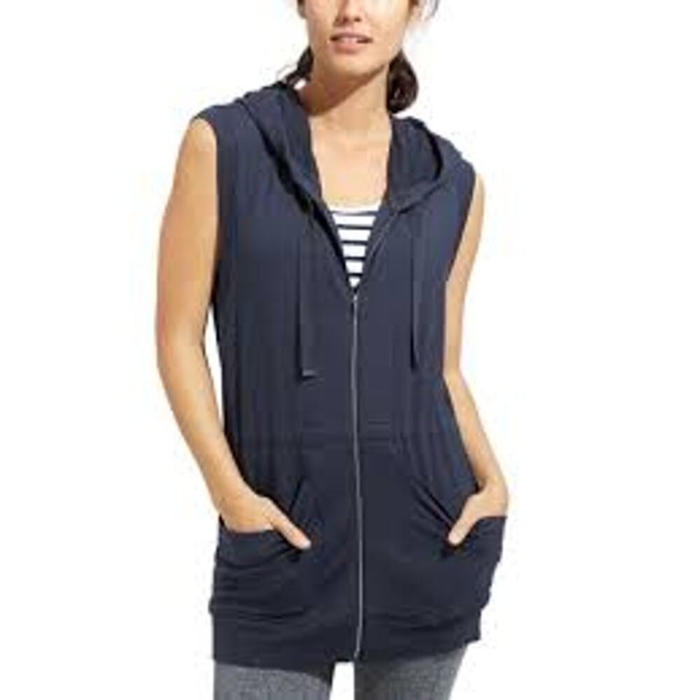 Athleta Lotus Vest XS Sleeveless Drawstring Hoodie French Terry Blue